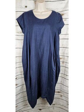 Cali & Co Blue 100% Linen Lantern Dress M/L Midi Coastal Resort Minimalist